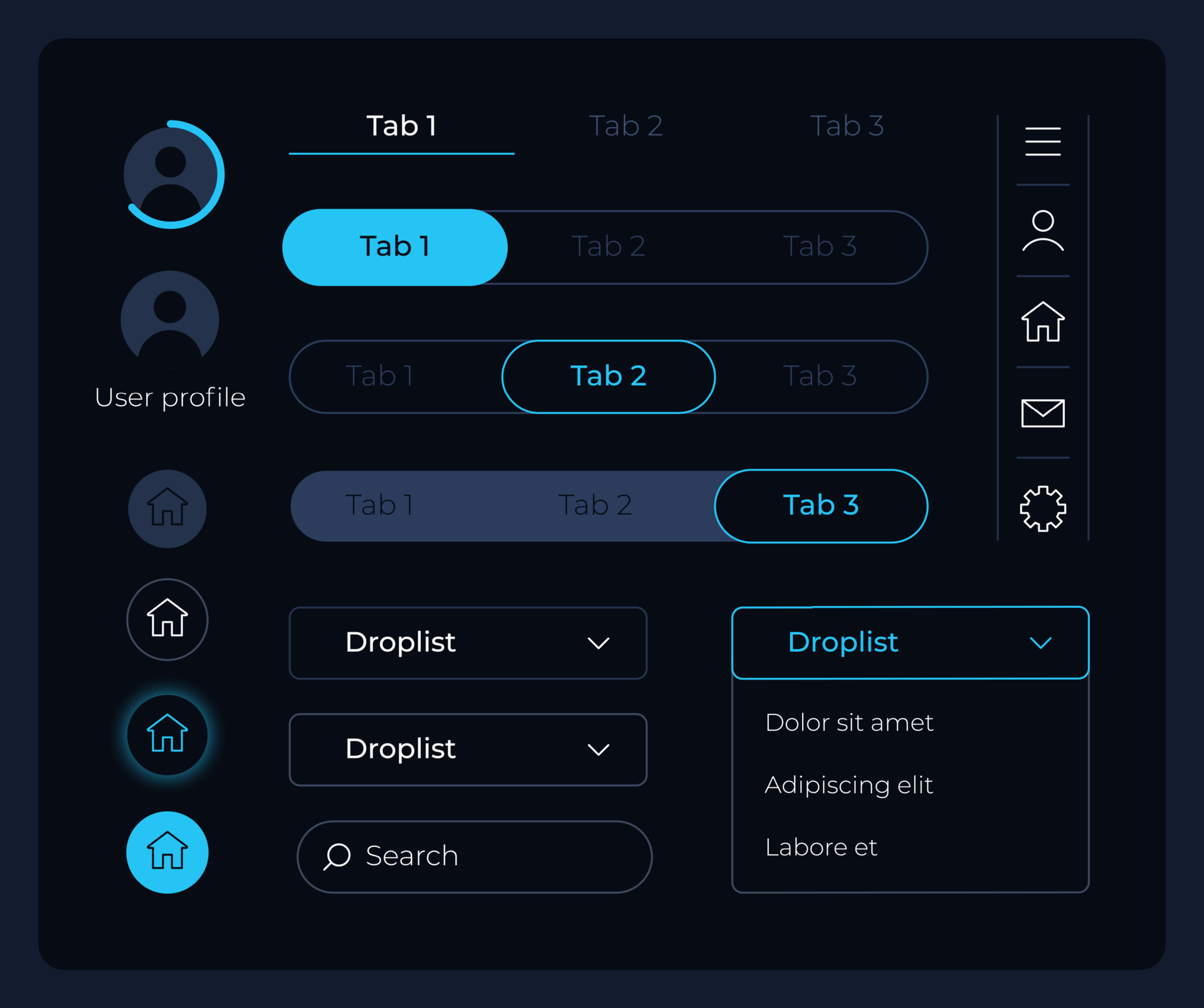 Control panel UI elements kit. Main tabs. Editable isolated vector ...